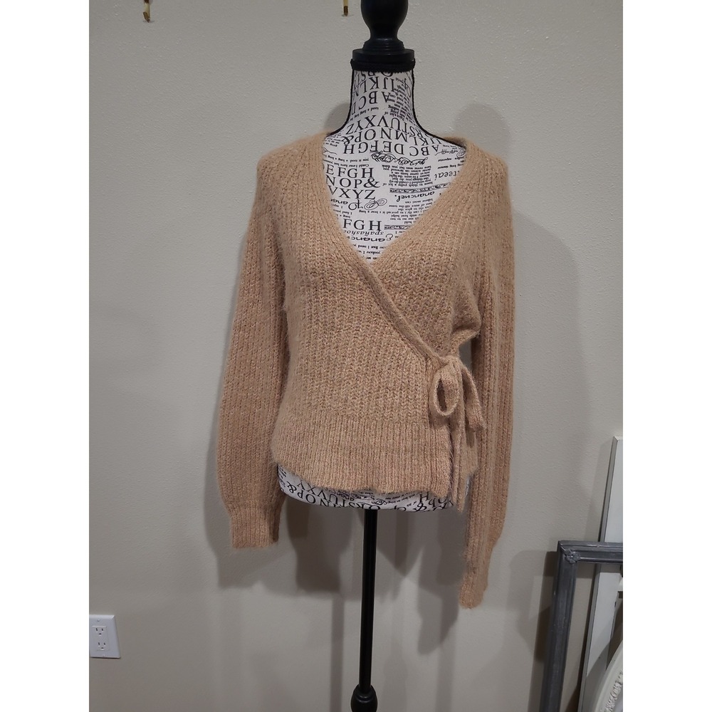 Express Women SZ M Tan Fuzzy Faux Wrap Sweater w/Tie V-neck boho office feminine